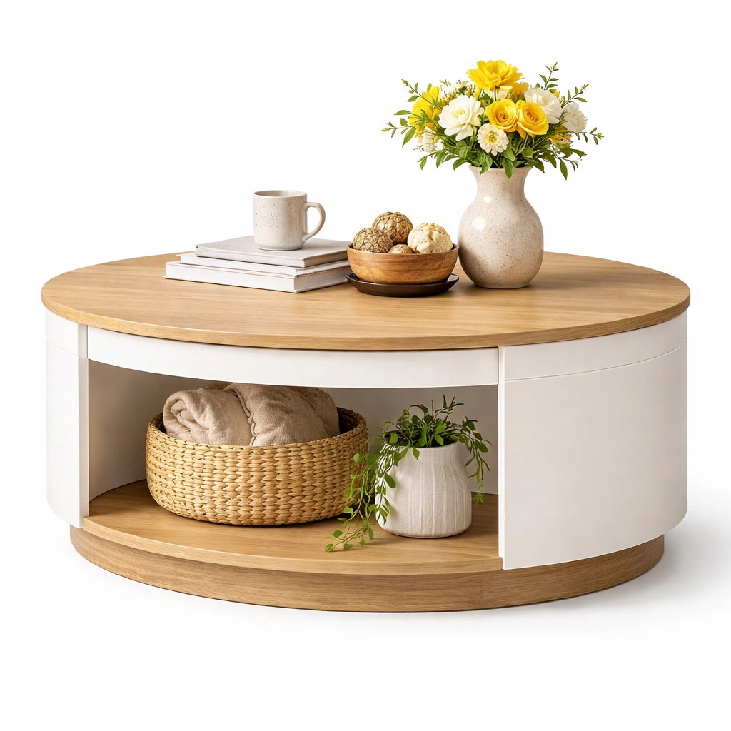 Couchtisch Rund mit Stauraum und Holzoptik-Norenio